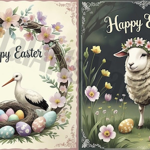 Große Vintage Osterschafe, Storch Ei Clipart Karte, Geschenk für Familie, handgeschriebene Postkarte, Ostergrüße, fröhliche Frühlingsblumen,