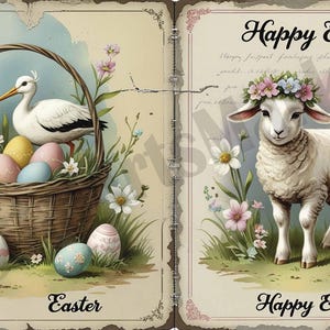 14 Old Vintage Postcard, Drawing Sheep Easter Card, Printable Wall Art, Steampunk Clipart Arts, Digital Download, Greeting Card, Wall Art,