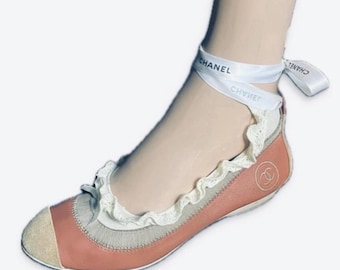 AUTH Chanel ballet flats, Pink & Tan Coco mark flats sz 6 (36C)
