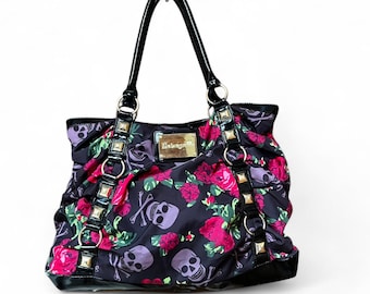 Vintage Betsey Johnson Betseyville Bag, y2k, Large satin skull print & patient leather bag RARE