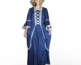 Handcrafted Georgian Dress: Navy Blue Corset Top, Bell Sleeves