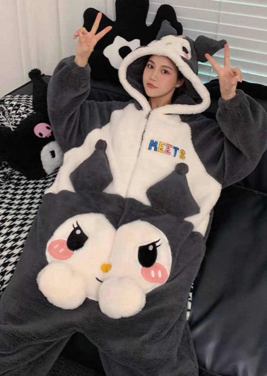 Kuromi Kigurumi, Adult Onesie, Unisex Zip-front Loungewear