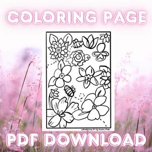 May include: Black and white line art coloring page featuring a variety of flowers and bees. The page is titled "COLORING PAGE" and includes the text "WhimsySquare Art by Kendra, Etsy".