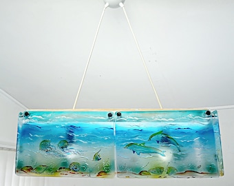 Hand-Painted Stained Glass Chandelier: Coastal Nautical Lighting, Coastal Beach Lighting