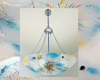 Hand-Painted Stained Glass Chandelier: Coastal Nautical Lighting, Coastal Beach Lighting