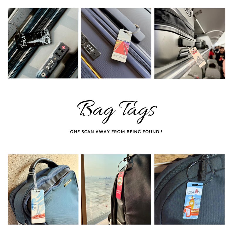 Puede incluir: Colecci&oacute;n de etiquetas para equipaje con varios dise&ntilde;os, incluyendo la Torre Eiffel, &Aacute;msterdam y Londres. Las etiquetas est&aacute;n adjuntas a equipaje y mochilas. El texto en la imagen dice "Bag Tags" y "One scan away from being found!"