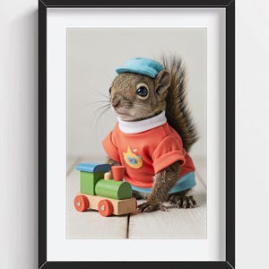 Könnte beinhalten: Gerahmter Druck mit einem Eichhörnchen in einem orangefarbenen T-Shirt, einer blauen Kappe und einem weißen Kragen, zusammen mit einer Holzspielzeugeisenbahn. Das Bild ist vor einem hellen Hintergrund platziert.