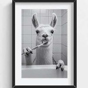 Funny Llama Wall Art, Llama Brushing Teeth, Quirky Bathroom Wall Decor, Cute Animal Print, Kids Wall Art, AI Printable Digital Photo