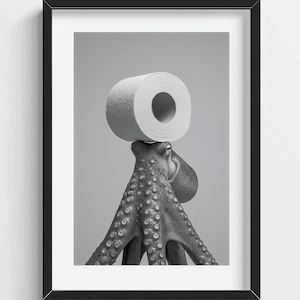 Funny Octopus Wall Art, Octopus with a Toilet Paper Roll on Head, Quirky Bathroom Wall Decor, Cute Animal Print, AI Printable Digital Photo