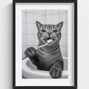 Funny Cat Wall Art, Cat Brushing Teeth, Quirky Bathroom Wall Decor, Cute Animal Print, Kids Wall Art, AI Printable Digital Photo