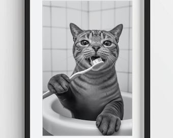 Lustige Katze beim Zähneputzen: Witziges Badezimmer Dekor (Digitaler Download)