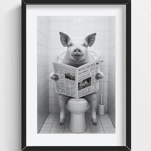 Funny Pig Wall Art, Pig Sitting on Toilet, Quirky Bathroom Wall Decor, Cute Animal Print, kids art, AI Printable Digital Photo