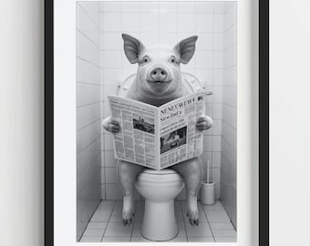 Impresión de un cerdo divertido en el inodoro: Decoración original para el baño (descarga digital)