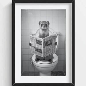 Funny Weasel Wall Art, Weasel Sitting on Toilet, Quirky Bathroom Wall Decor, Cute Animal Print, kids art, AI Printable Digital Photo