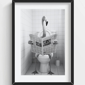 Funny Flamingo Wall Art, Flamingo Sitting on Toilet, Quirky Bathroom Wall Decor, Cute Animal Print, kids art, AI Printable Digital Photo