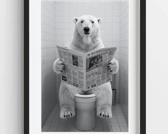 Print grappige ijsbeer op toilet: eigenzinnige badkamermuurkunst (digitale download)