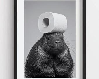 Impresión divertida de un puercoespín en el baño: rollo de papel higiénico, foto de un animal peculiar (descarga digital)