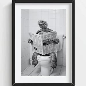 Funny Turtle Wall Art, Turtle Sitting on Toilet, Quirky Bathroom Wall Decor, Cute Animal Print, kids art, AI Printable Digital Photo