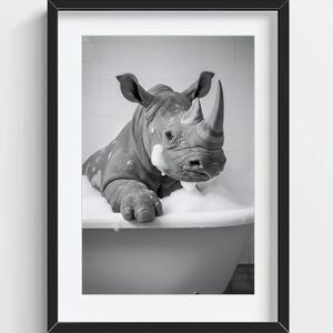 Funny Rhino Wall Art, Rhino in the Bathtub, Quirky Bathroom Wall Decor, Cute Animal Print, Kids Wall Art, AI Printable Digital Photo