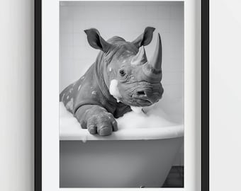 Impression de rhinocéros drôle dans une baignoire, décoration de salle de bain originale (téléchargement numérique)