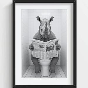 Funny Rhino Wall Art, Rhino Sitting on Toilet, Quirky Bathroom Wall Decor, Cute Animal Print, kids art, AI Printable Digital Photo