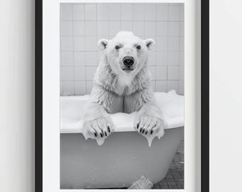 Print grappige ijsbeer in badkuip: eigenzinnig badkamerdecor (digitale download)
