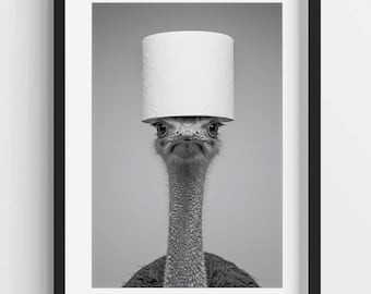 Funny Ostrich Wall Art, Ostrich with a Toilet Paper Roll on Head, Quirky Bathroom Wall Decor, Cute Animal Print, AI Printable Digital Photo