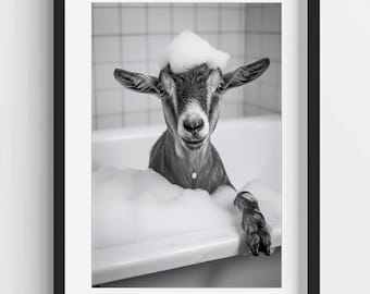 Funny Goat in Bathtub Print: Quirky Bathroom Wall Art (Digital Download)
