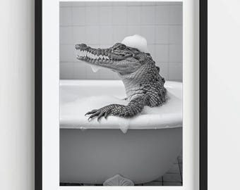 Funny Crocodile in Bathtub Print: Quirky Bathroom Decor (Digital Download)