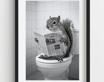 Funny Squirrel on Toilet Print: Quirky Bathroom Wall Art (Digital Download)