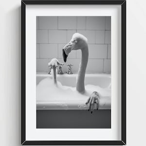 Funny Flamingo Wall Art, Flamingo in the Bathtub, Quirky Bathroom Wall Decor, Cute Animal Print, Kids Wall Art, AI Printable Digital Photo