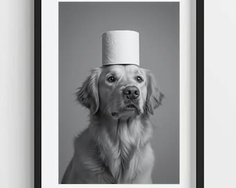 Funny Golden Retriever Wall Art, Golden with a Toilet Paper Roll on Head, Quirky Bathroom Wall Decor, Cute Animal Print, AI Printable Photo