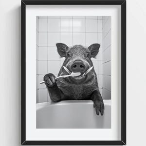 Funny Wild Boar Wall Art, Wild Boar Brushing Teeth, Quirky Bathroom Wall Decor, Cute Animal Print, Kids Wall Art, AI Printable Digital Photo