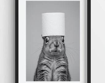 Funny Squirrel Bathroom Print: Toilet Paper Hat, Quirky Animal Decor (Digital Download)