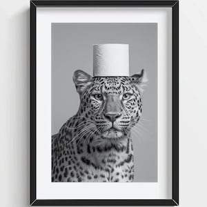 Funny Leopard Wall Art, Leopard with a Toilet Paper Roll on Head, Quirky Bathroom Wall Decor, Cute Animal Print, AI Printable Digital Photo