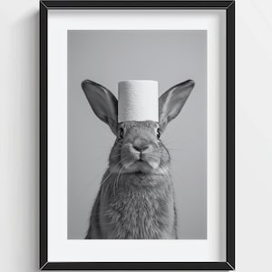 Funny Rabbit Wall Art, Rabbit with a Toilet Paper Roll on Head, Quirky Bathroom Wall Decor, Cute Animal Print, AI Printable Digital Photo