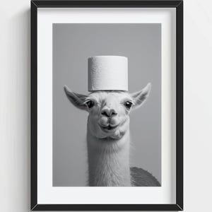Funny Llama Wall Art, Llama with a Toilet Paper Roll on Head, Quirky Bathroom Wall Decor, Cute Animal Print, AI Printable Digital Photo