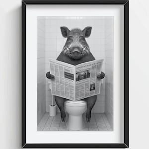 Funny Wild Boar Wall Art, Wild Boar Sitting on Toilet, Quirky Bathroom Wall Decor, Cute Animal Print, kids art, AI Printable Digital Photo
