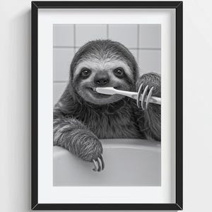 Funny Sloth Wall Art, Sloth Brushing Teeth, Quirky Bathroom Wall Decor, Cute Animal Print, Kids Wall Art, AI Printable Digital Photo