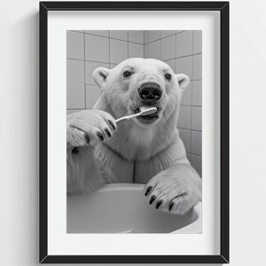 Funny Polar Bear Brushing Teeth Print: Quirky Bathroom Decor (Digital Download)
