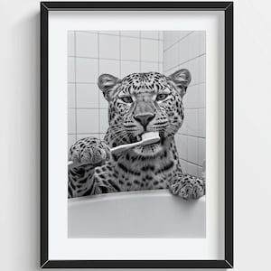 Funny Leopard Wall Art, Leopard Brushing Teeth, Quirky Bathroom Wall Decor, Cute Animal Print, Kids Wall Art, AI Printable Digital Photo