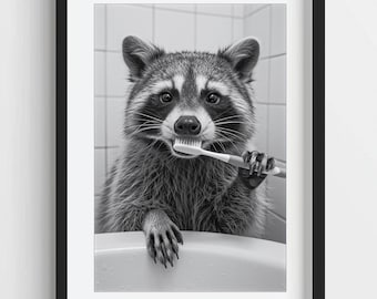Waschbär Zähneputzen Print: Witziges Badezimmer Dekor (Digitaler Download)