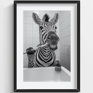 May include: A black and white zebra with a toothbrush in its mouth, smiling in a bathroom setting.