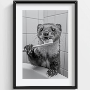 Funny Weasel Wall Art, Weasel Brushing Teeth, Quirky Bathroom Wall Decor, Cute Animal Print, Kids Wall Art, AI Printable Digital Photo