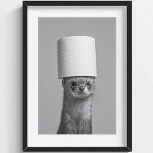 Funny Weasel Wall Art, Weasel with a Toilet Paper Roll on Head, Quirky Bathroom Wall Decor, Cute Animal Print, AI Printable Digital Photo