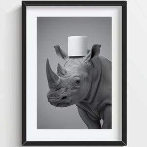 Funny Rhino Wall Art, Rhino with a Toilet Paper Roll on Head, Quirky Bathroom Wall Decor, Cute Animal Print, AI Printable Digital Photo
