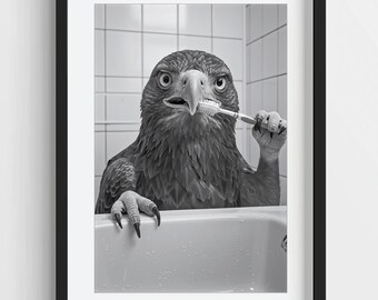Funny Eagle Brushing Teeth Print: Quirky Bathroom Decor (Digital Download)