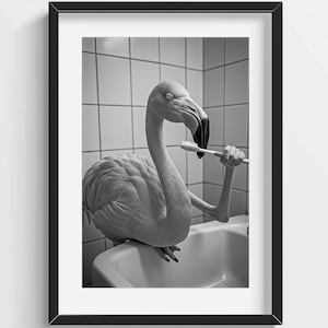 Funny Flamingo Wall Art, Flamingo Brushing Teeth, Quirky Bathroom Wall Decor, Cute Animal Print, Kids Wall Art, AI Printable Digital Photo