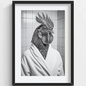 Funny Cockerel Wall Art, Cockerel in Bathrobe, Quirky Bathroom Wall Decor, Cute Animal Print, Kids Wall Art, AI Printable Digital Photo