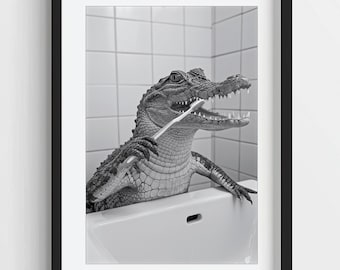 Funny Crocodile Brushing Teeth Print: Quirky Bathroom Decor (Digital Download)